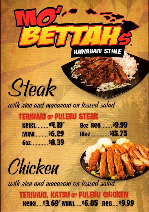 Mo bettahs forney - A complete meal packaged to serve bufet style (minimum 25 people) Choose up to 2 meats. Comes with white rice and macaroni salad. Substitute brown rice or tossed salad on request. Includes plates, cutlery packets, and sauce.